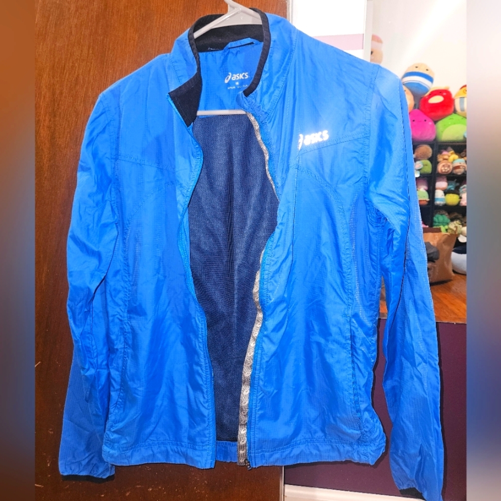 Asics Blue Windbreaker Jacket Lightweight Athletic Zip-Up Size Medium